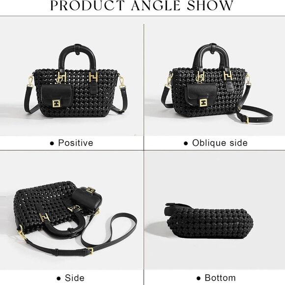 Elegant Vegan Leather Woven Crossbody Bag with Adjustable Strap - Rich Black - Picture 4 of 6